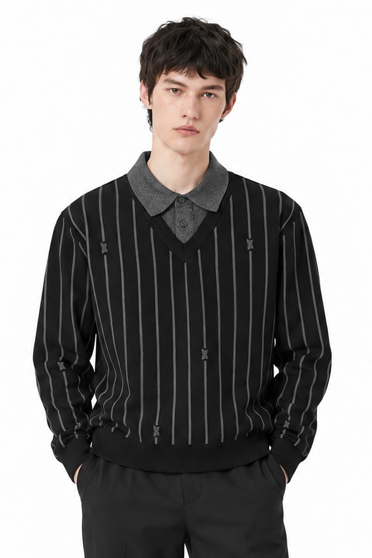 MEN STRIPE PATTERN COLLAR-LAYERED SWEATER PKFPM410521 BLACK 상품 이미지 1