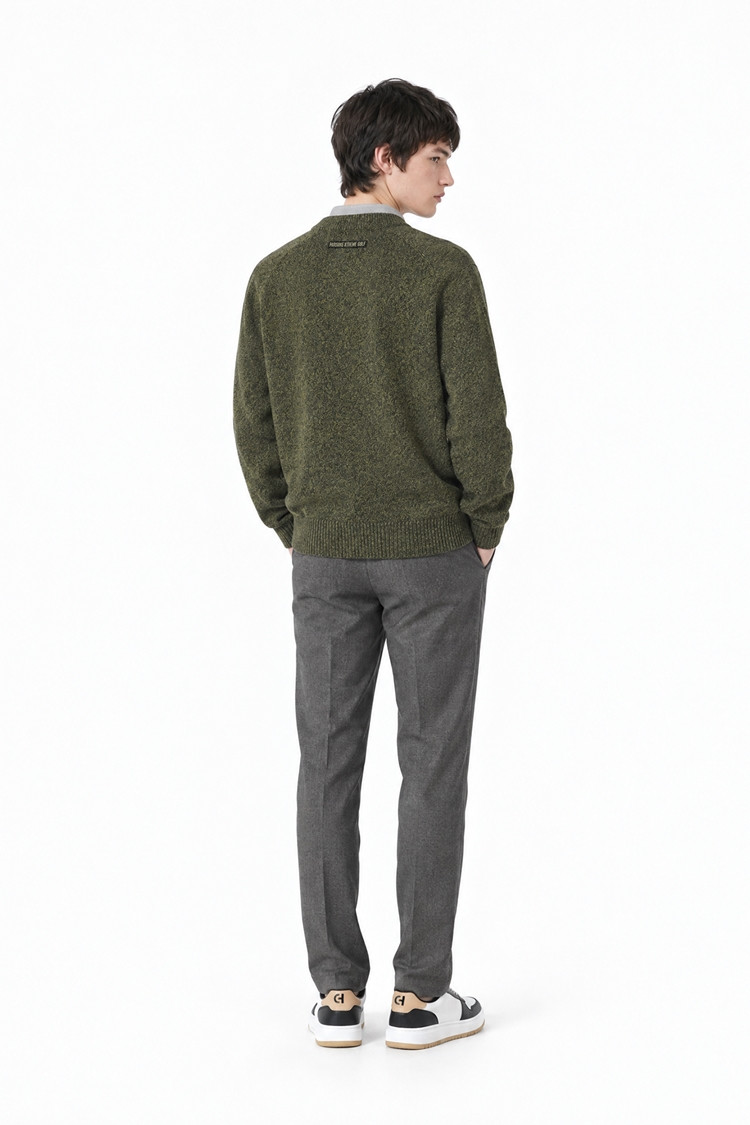 MEN TWO-TONE TEXTURED ROUND NECK SWEATER PKFCM410808 MOSS GREEN 상품 이미지 1