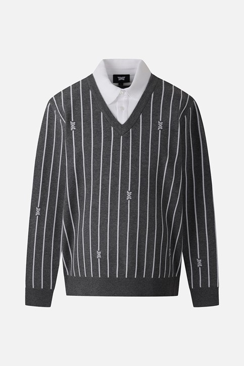 MEN STRIPE PATTERN COLLAR-LAYERED SWEATER