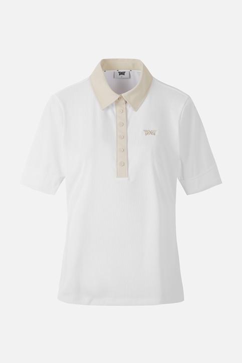 WOMEN COLOR BLOCK MIDDLE SLEEVE POLO SHORT SLEEVE