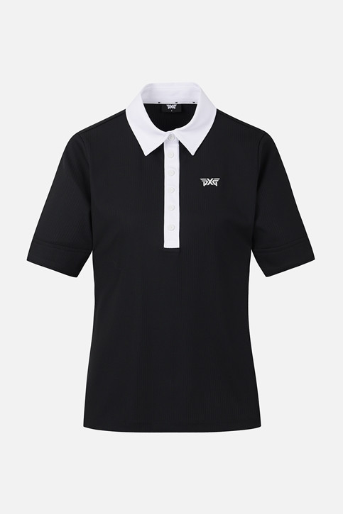 WOMEN COLOR BLOCK MIDDLE SLEEVE POLO SHORT SLEEVE