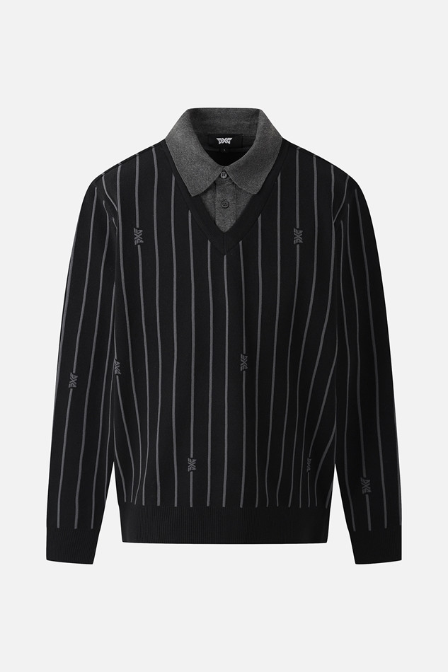 MEN STRIPE PATTERN COLLAR-LAYERED SWEATER