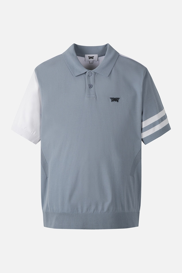 MEN COLOR BLOCKED KNIT HYBRID COLLAR SHORT SLEEVE