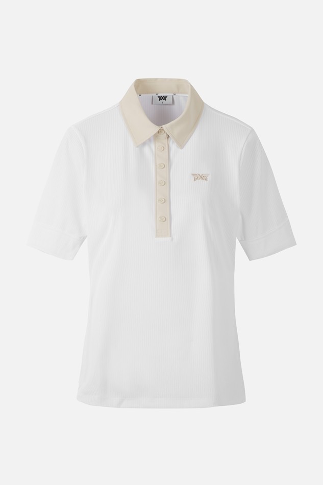 WOMEN COLOR BLOCK MIDDLE SLEEVE POLO SHORT SLEEVE