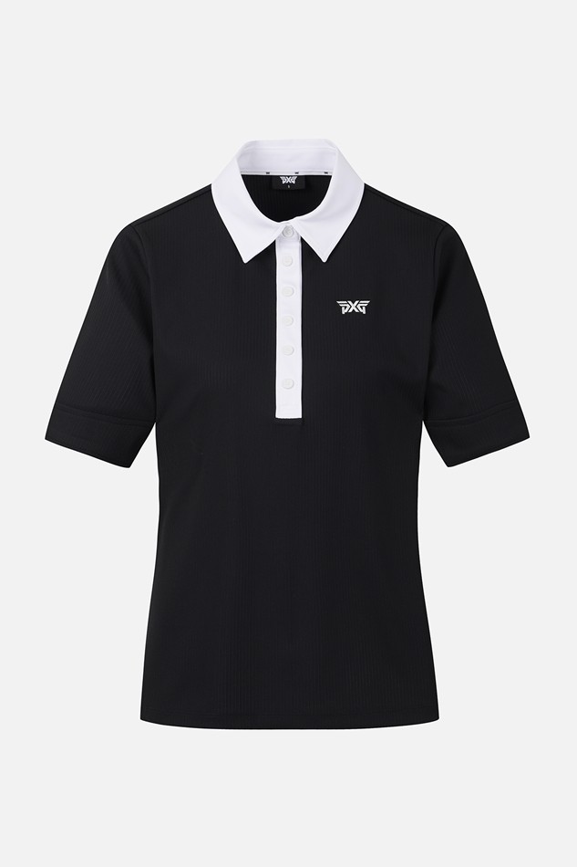 WOMEN COLOR BLOCK MIDDLE SLEEVE POLO SHORT SLEEVE