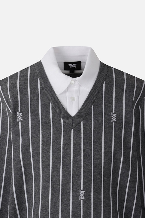 MEN STRIPE PATTERN COLLAR-LAYERED SWEATER