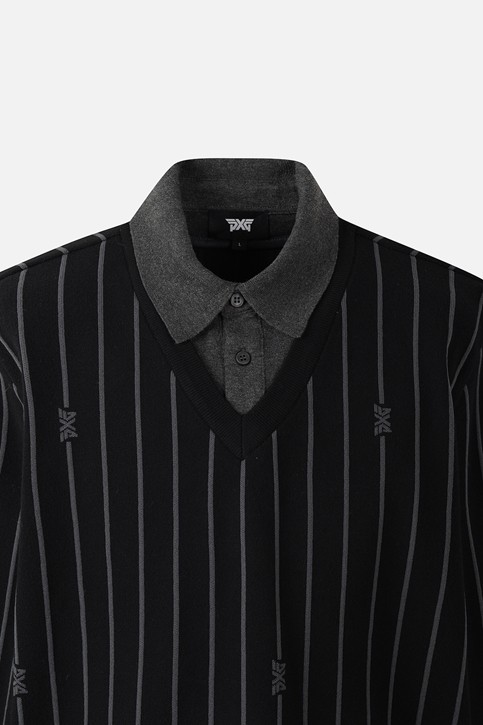 MEN STRIPE PATTERN COLLAR-LAYERED SWEATER