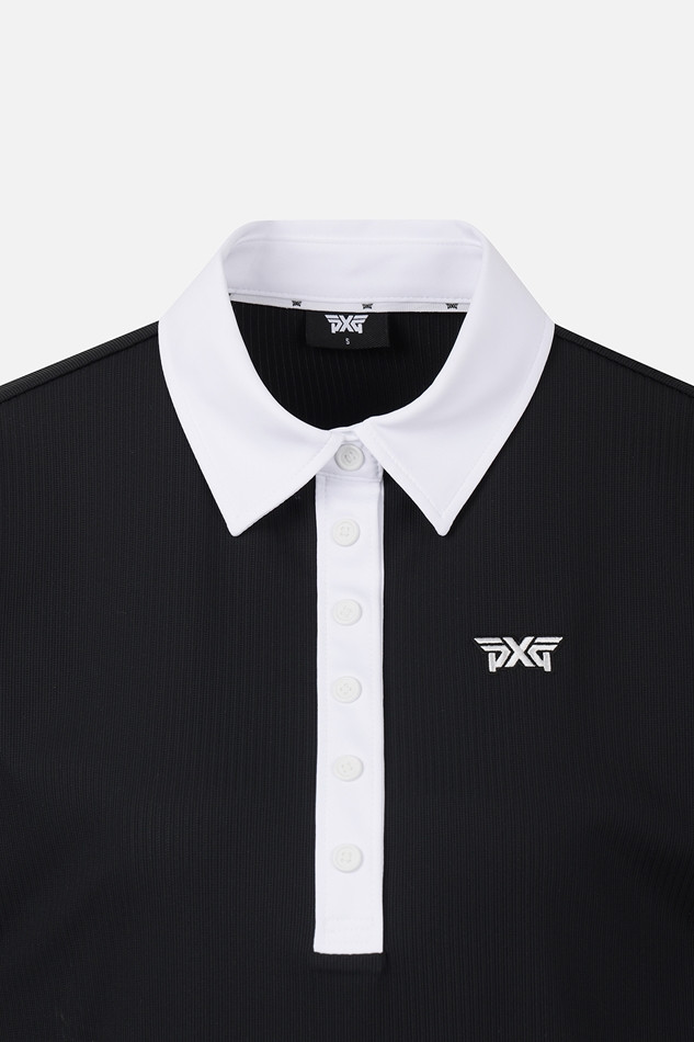 WOMEN COLOR BLOCK MIDDLE SLEEVE POLO SHORT SLEEVE