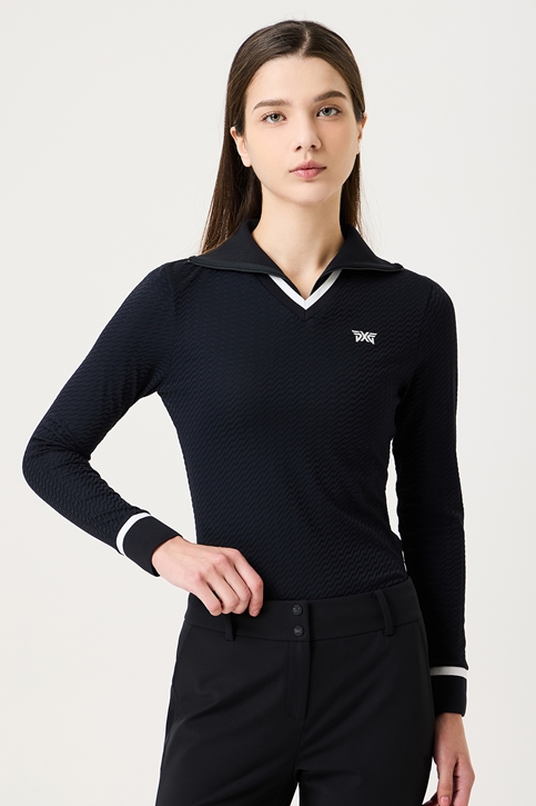 WOMEN KNIT COLLAR HALF ZIP-UP T-SHIRTS