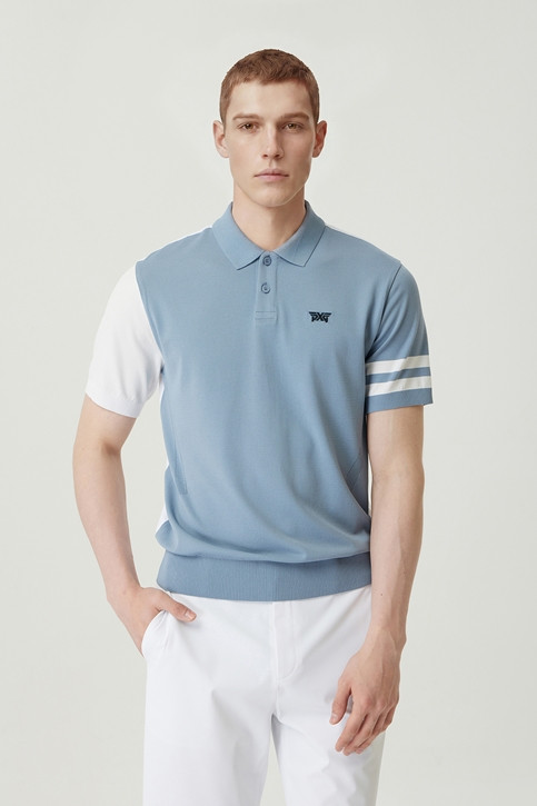 MEN COLOR BLOCKED KNIT HYBRID COLLAR SHORT SLEEVE