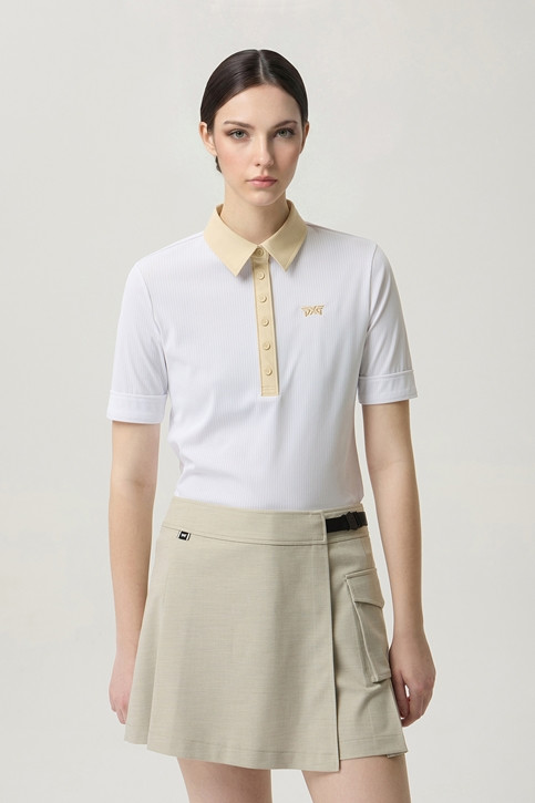 WOMEN COLOR BLOCK MIDDLE SLEEVE POLO SHORT SLEEVE