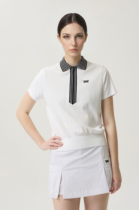 WOMEN KNIT HYBRID COLLARED SHORT SLEEVE