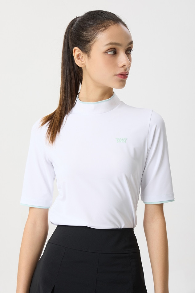 WOMENS SUMMER MOCK NECK SHIRRING SHORT-SLEEVE