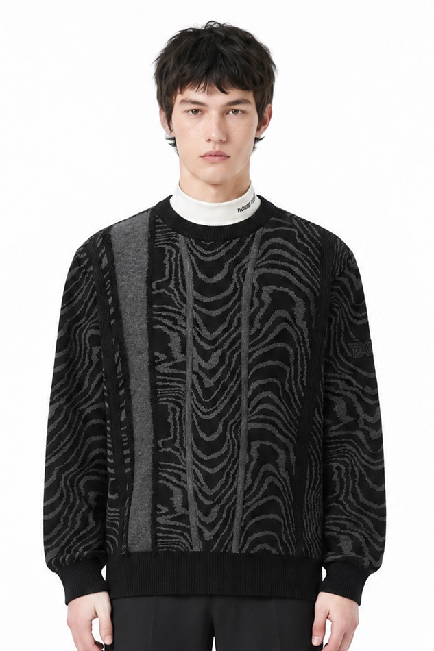 MEN DAMASCUS ROUND NECK SWEATER PKFCM410621 BLACK 상품 이미지 1