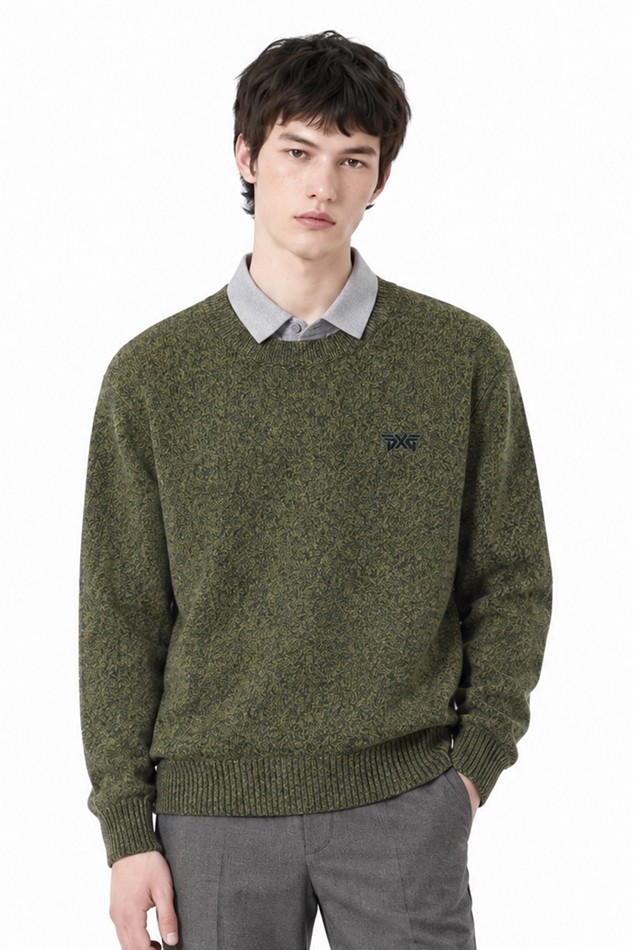 MEN TWO-TONE TEXTURED ROUND NECK SWEATER PKFCM410808 MOSS GREEN 상품 이미지 1