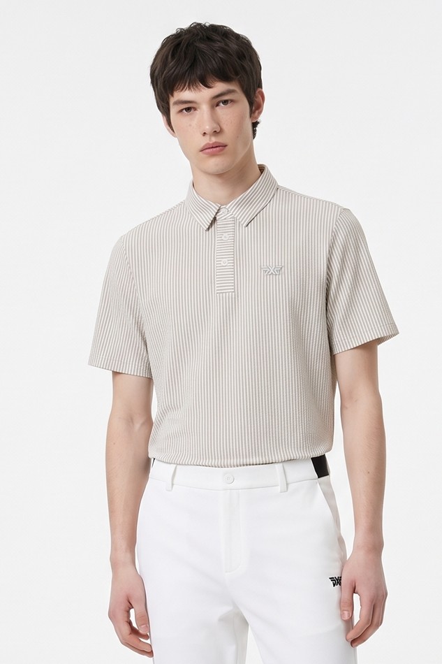 MEN STRIPE PATTERN COLLAR SHORT SLEEVE PKFPM220305 BEIGE 상품 이미지 1