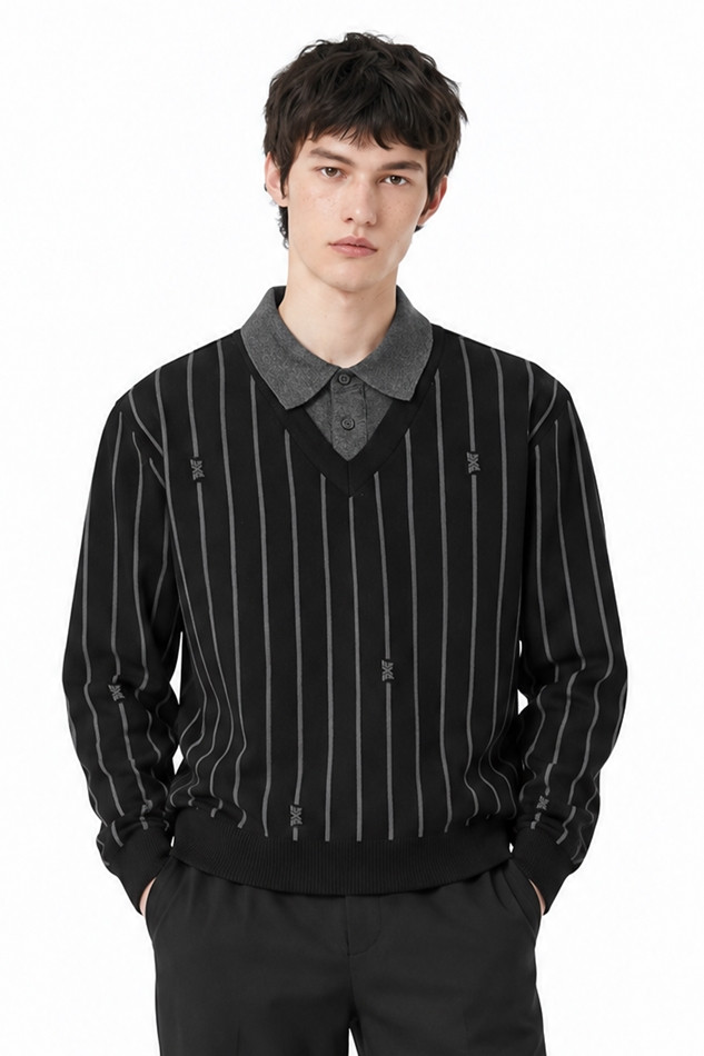 MEN STRIPE PATTERN COLLAR-LAYERED SWEATER PKFPM410521 BLACK 상품 이미지 1
