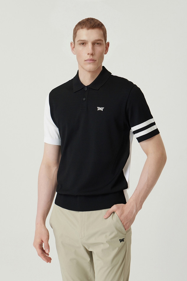 MEN COLOR BLOCKED KNIT HYBRID COLLAR SHORT SLEEVE
