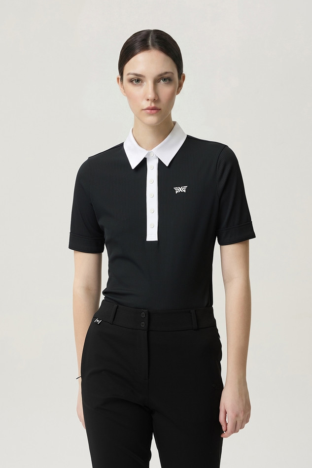 WOMEN COLOR BLOCK MIDDLE SLEEVE POLO SHORT SLEEVE