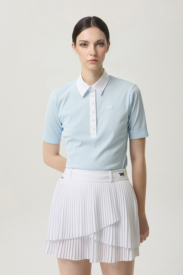 WOMEN COLOR BLOCK MIDDLE SLEEVE POLO SHORT SLEEVE