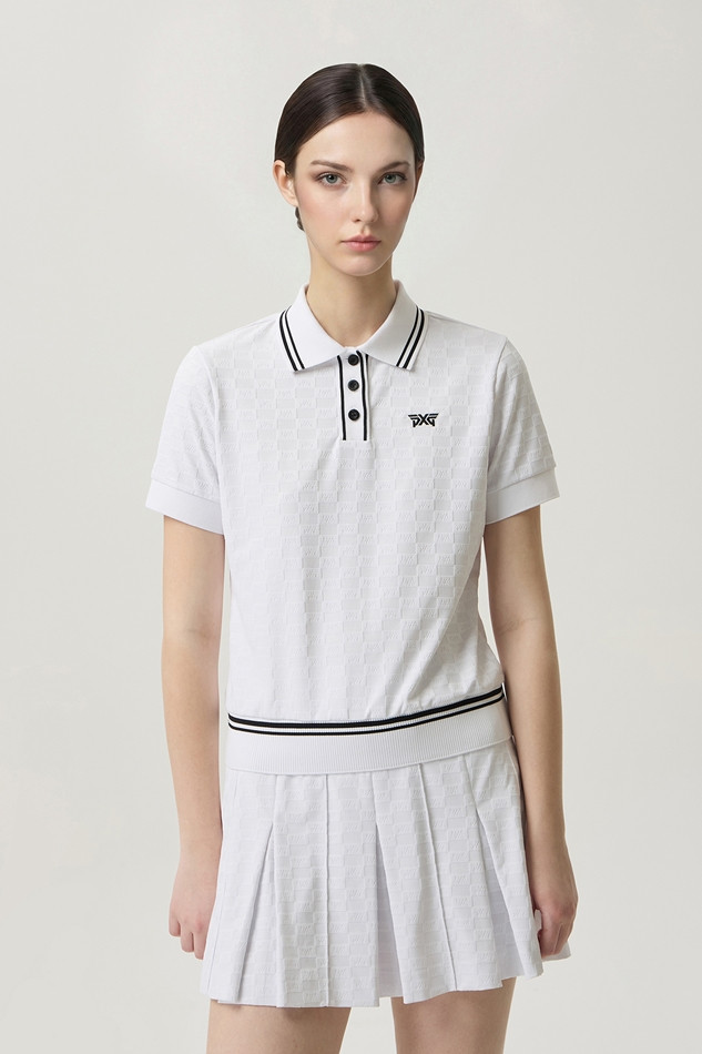 WOMEN JACQUARD COLLARED SHORT SLEEVE