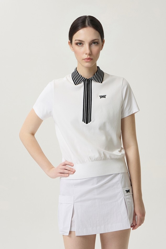 WOMEN KNIT HYBRID COLLARED SHORT SLEEVE