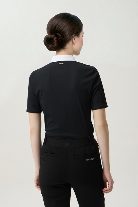 WOMEN COLOR BLOCK MIDDLE SLEEVE POLO SHORT SLEEVE