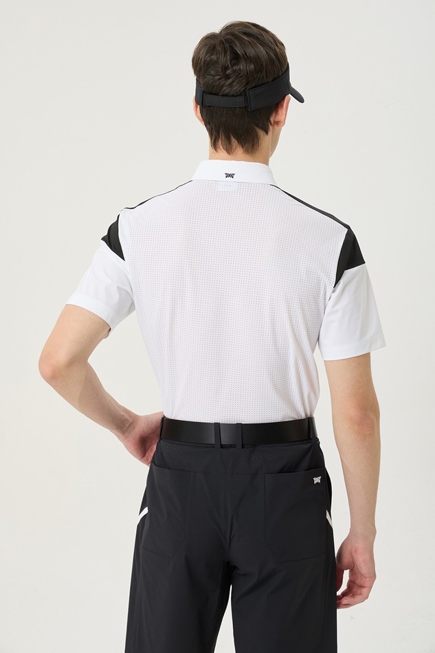 SUMMER COLOR BLOCKED PERFORATED COLLAR SHORT-SLEEVE
