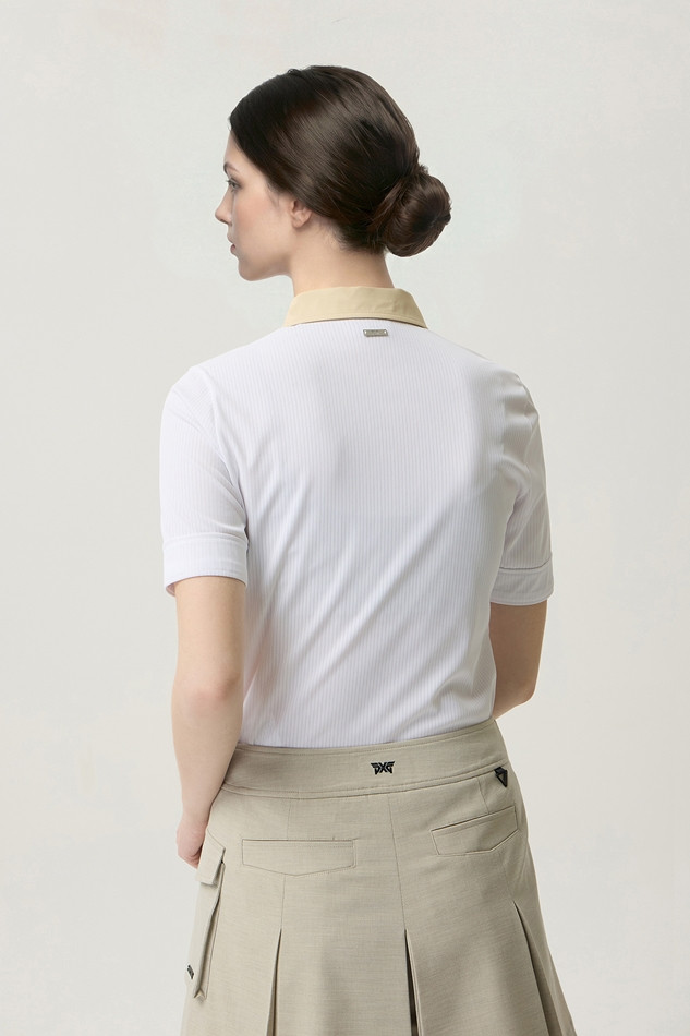 WOMEN COLOR BLOCK MIDDLE SLEEVE POLO SHORT SLEEVE