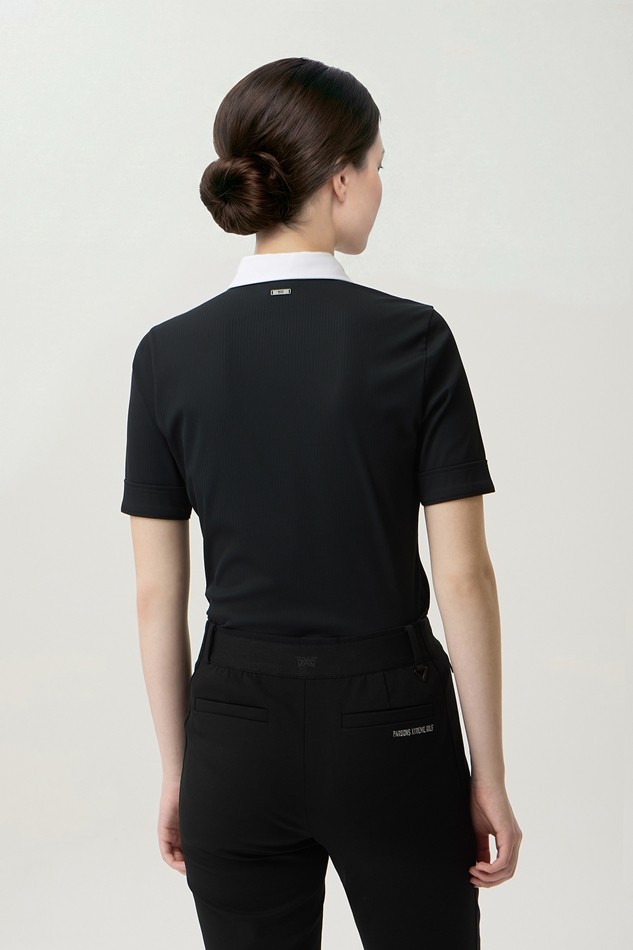 WOMEN COLOR BLOCK MIDDLE SLEEVE POLO SHORT SLEEVE
