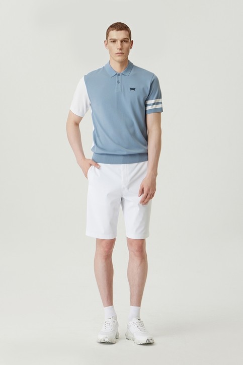 MEN COLOR BLOCKED KNIT HYBRID COLLAR SHORT SLEEVE