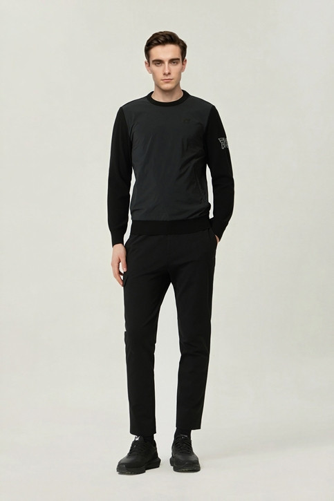 MEN WOVEN HYBRID ROUND NECK SWEATER