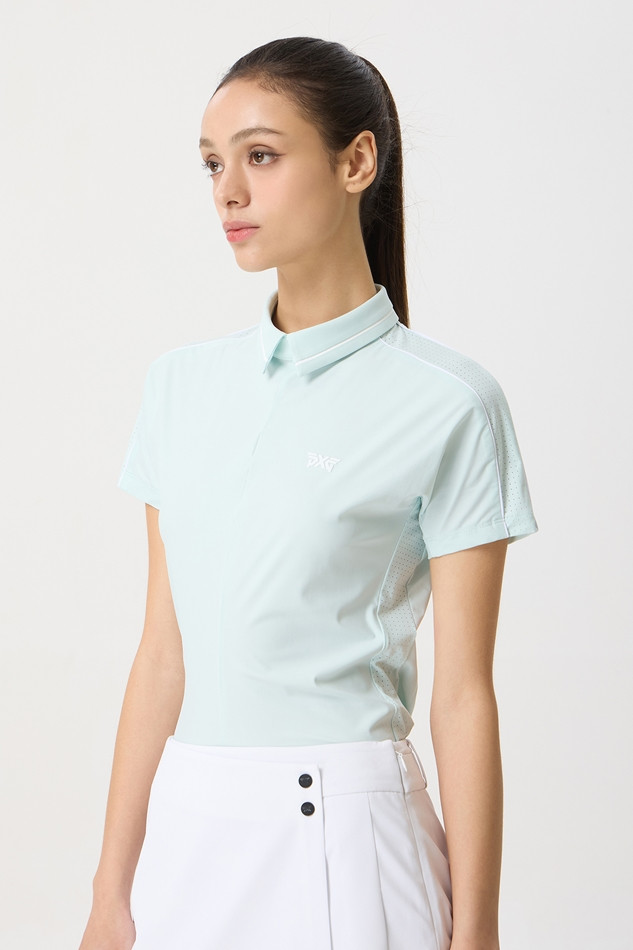 WOMENS SUMMER PERFORATED COLLARED SHORT-SLEEVE