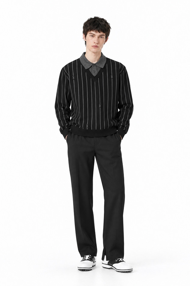 MEN STRIPE PATTERN COLLAR-LAYERED SWEATER PKFPM410521 BLACK 상품 이미지 3