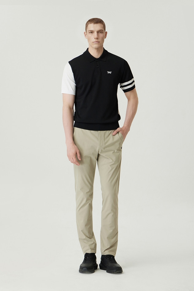 MEN COLOR BLOCKED KNIT HYBRID COLLAR SHORT SLEEVE