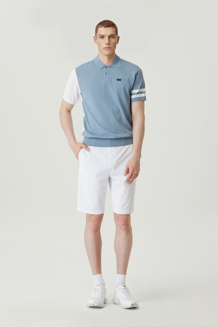 MEN COLOR BLOCKED KNIT HYBRID COLLAR SHORT SLEEVE
