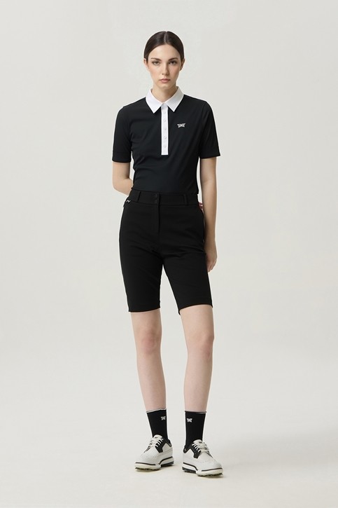 WOMEN COLOR BLOCK MIDDLE SLEEVE POLO SHORT SLEEVE