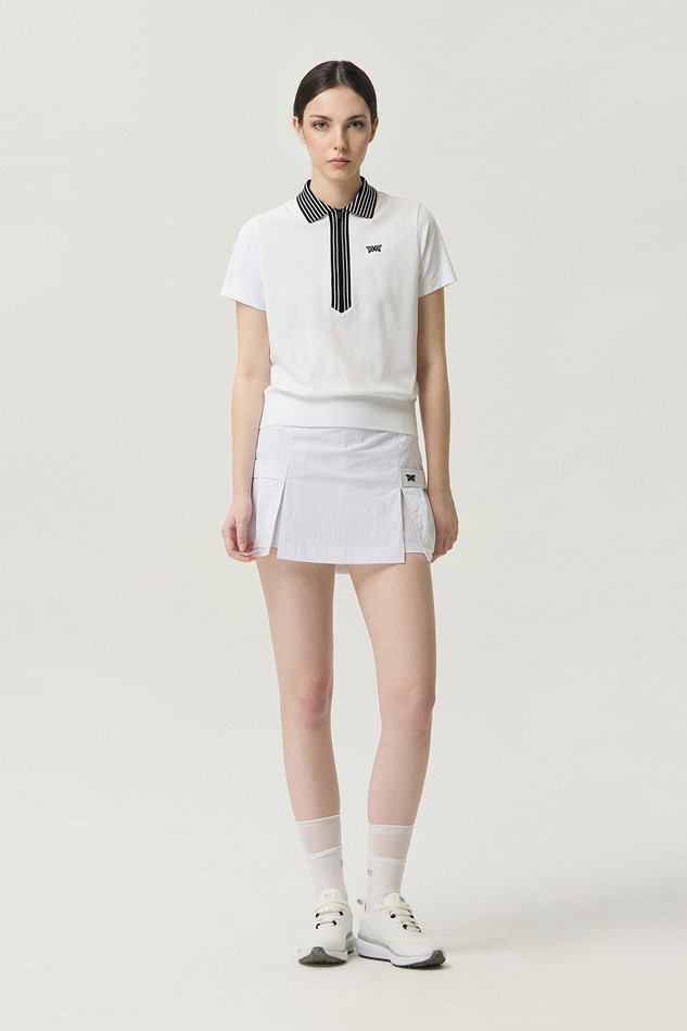 WOMEN KNIT HYBRID COLLARED SHORT SLEEVE