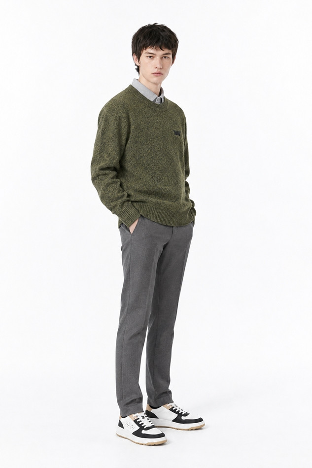MEN TWO-TONE TEXTURED ROUND NECK SWEATER PKFCM410808 MOSS GREEN 상품 이미지 5